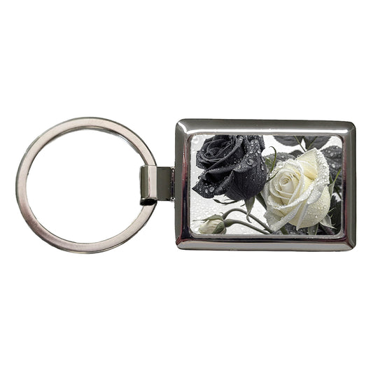 Black White Roses Dewy Rectangle Metal Keychain