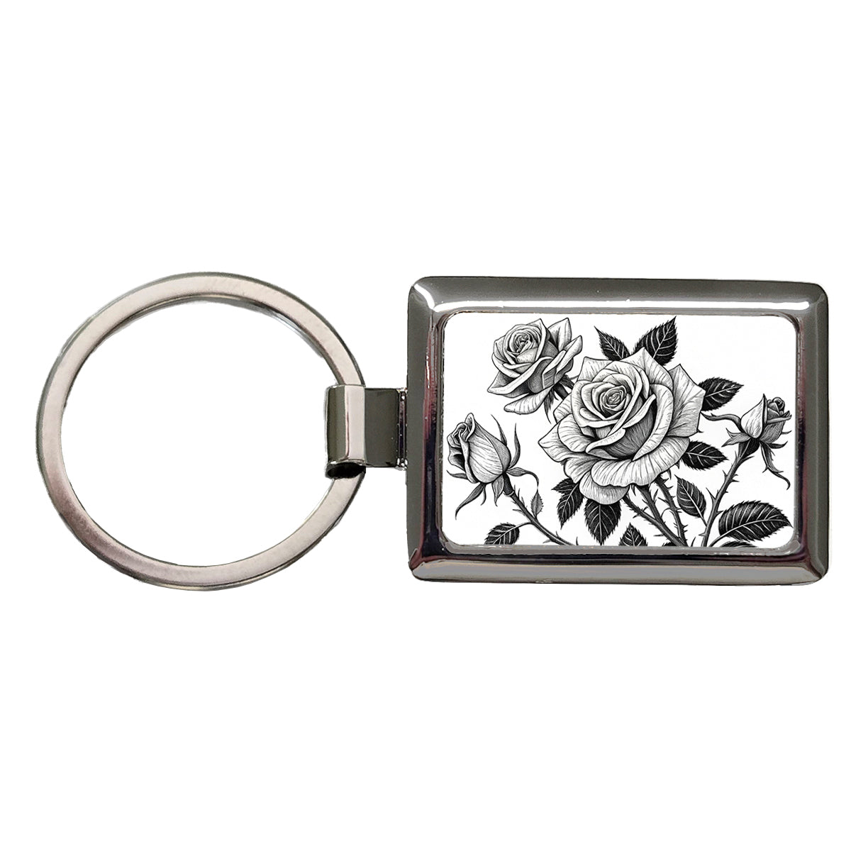 Black White Roses Rectangle Metal Keychain