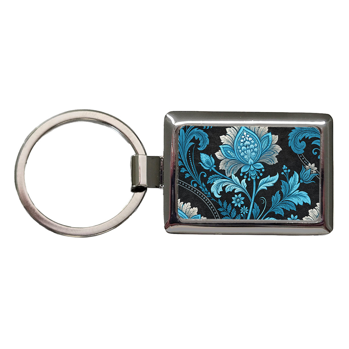 Blue Damask On Black Rectangle Metal Keychain