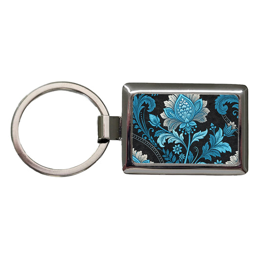 Blue Damask On Black Rectangle Metal Keychain