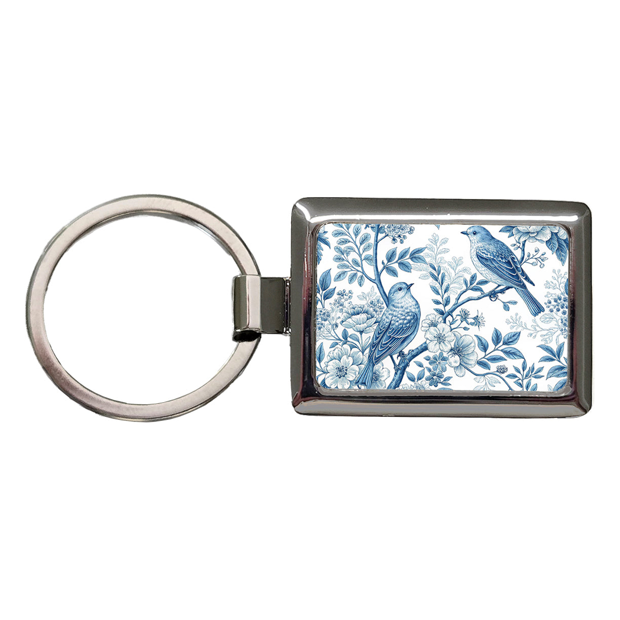 Blue On White Toile With Birds Rectangle Metal Keychain