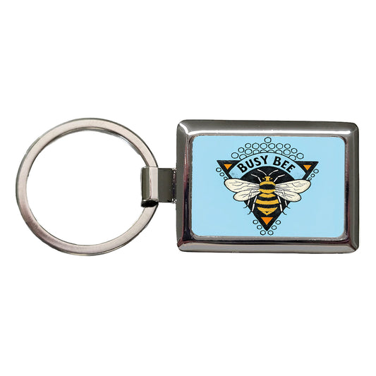 Busy Bee Blue Rectangle Metal Keychain