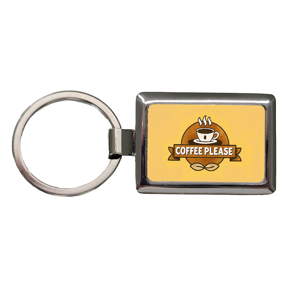 Coffee Please Yellow Rectangle Metal Keychain