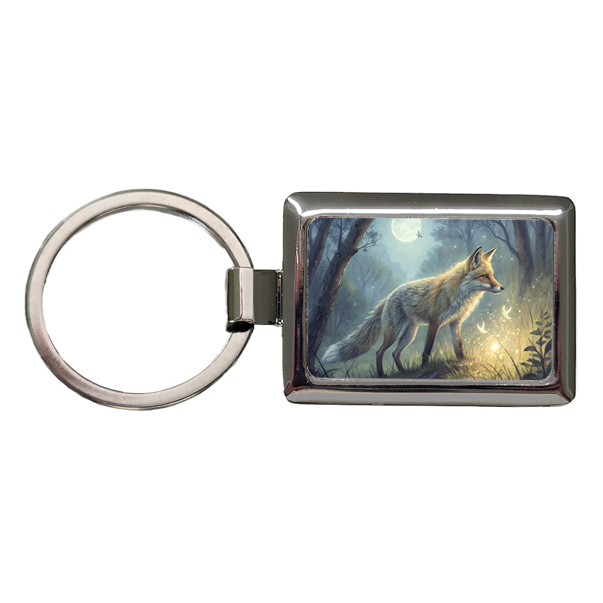 Fox At Night Rectangle Metal Keychain