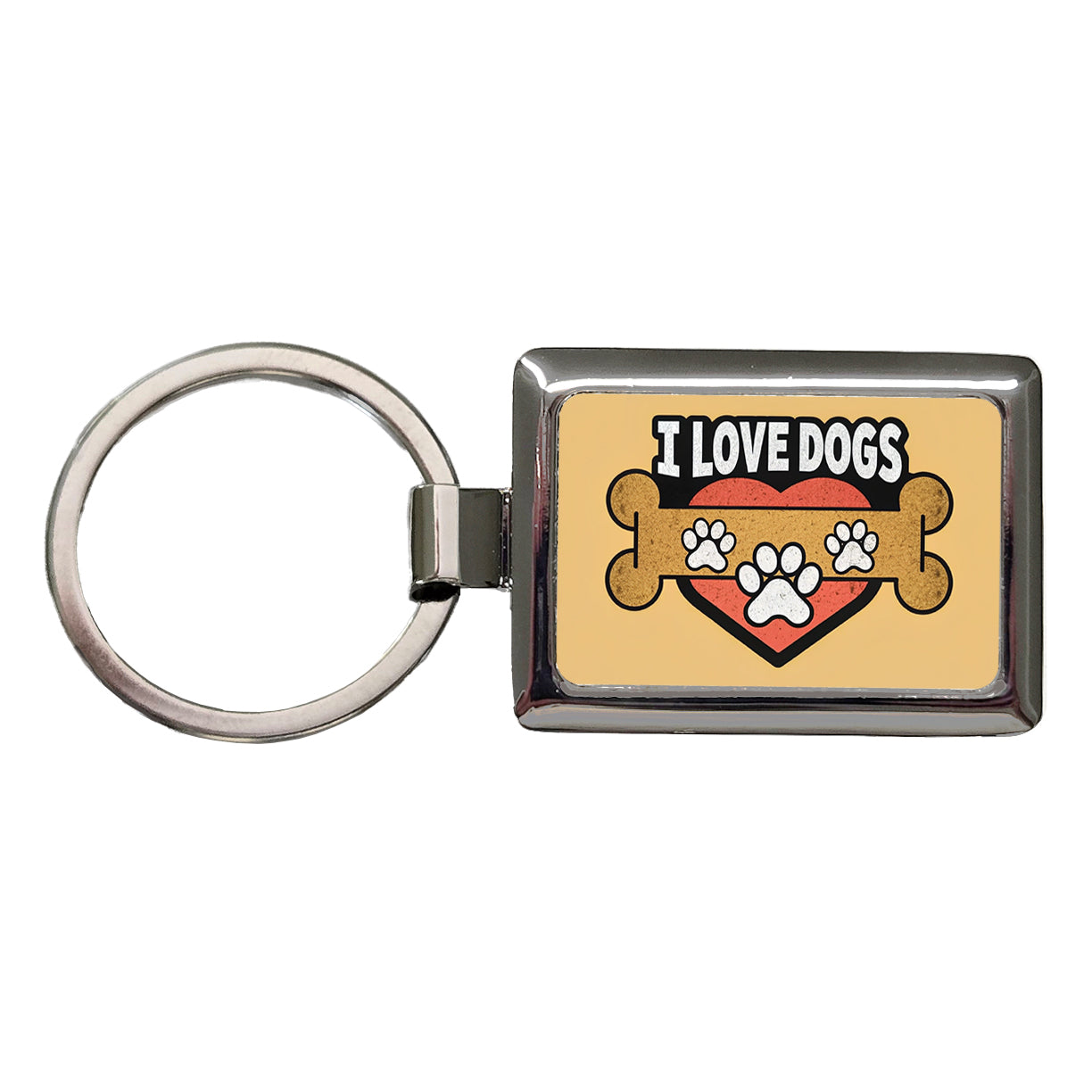 I Love Dogs Bone Paw Prints Rectangle Metal Keychain