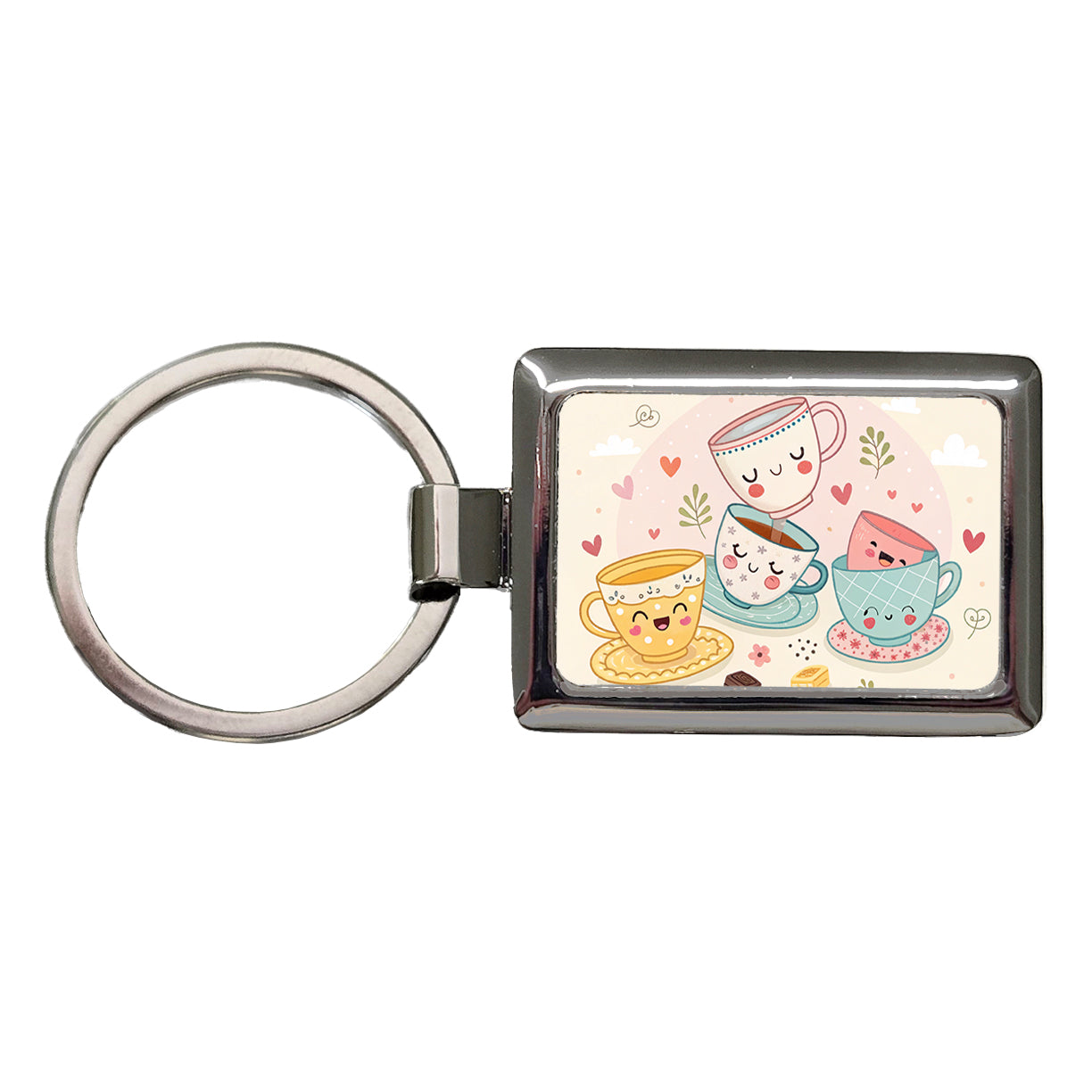Kawaii Happy Tea Cups Rectangle Metal Keychain