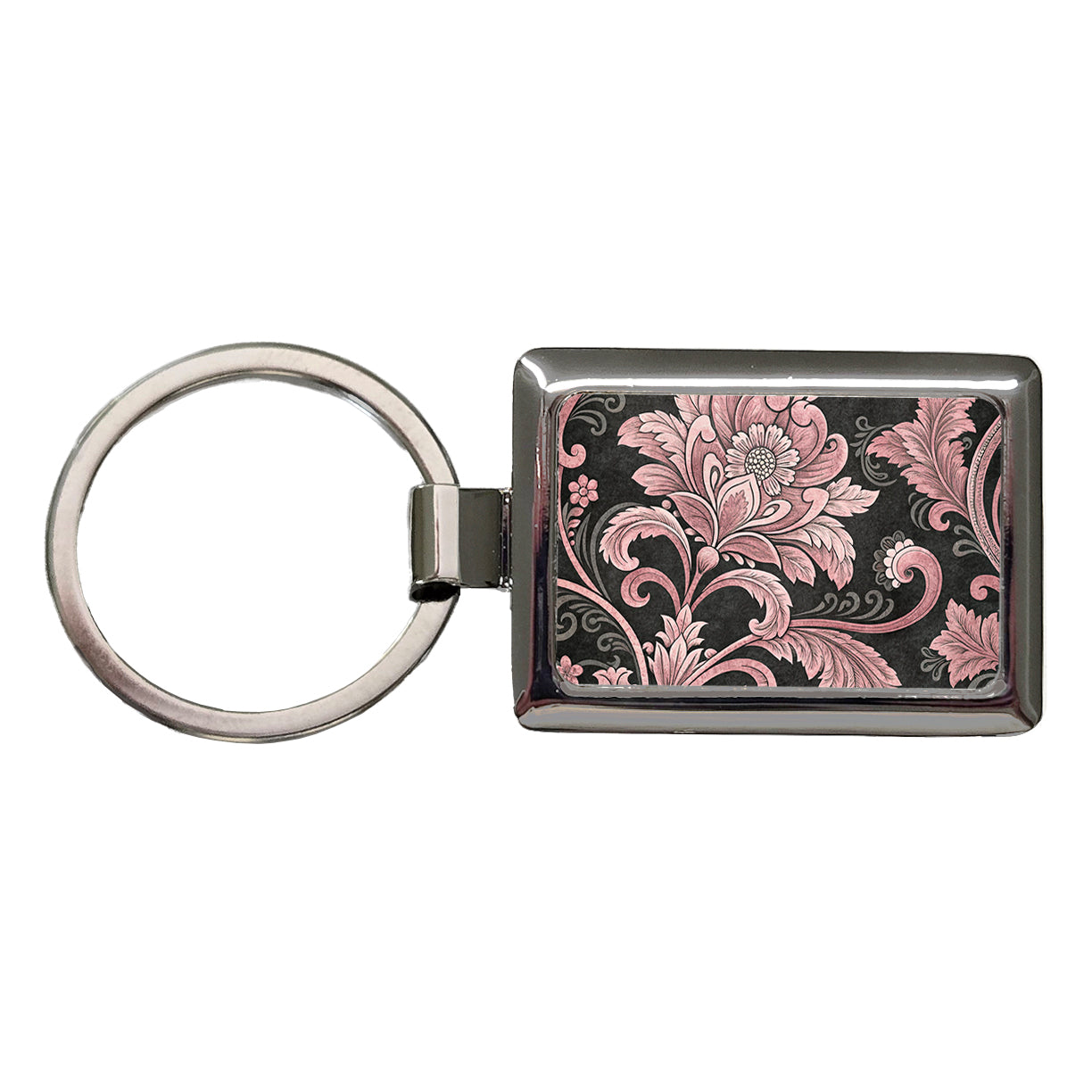 Pink Damask On Black Rectangle Metal Keychain