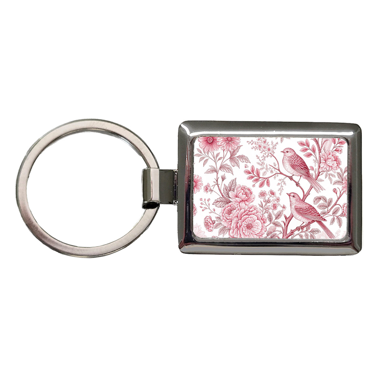 Pink On White Toile With Birds Rectangle Metal Keychain