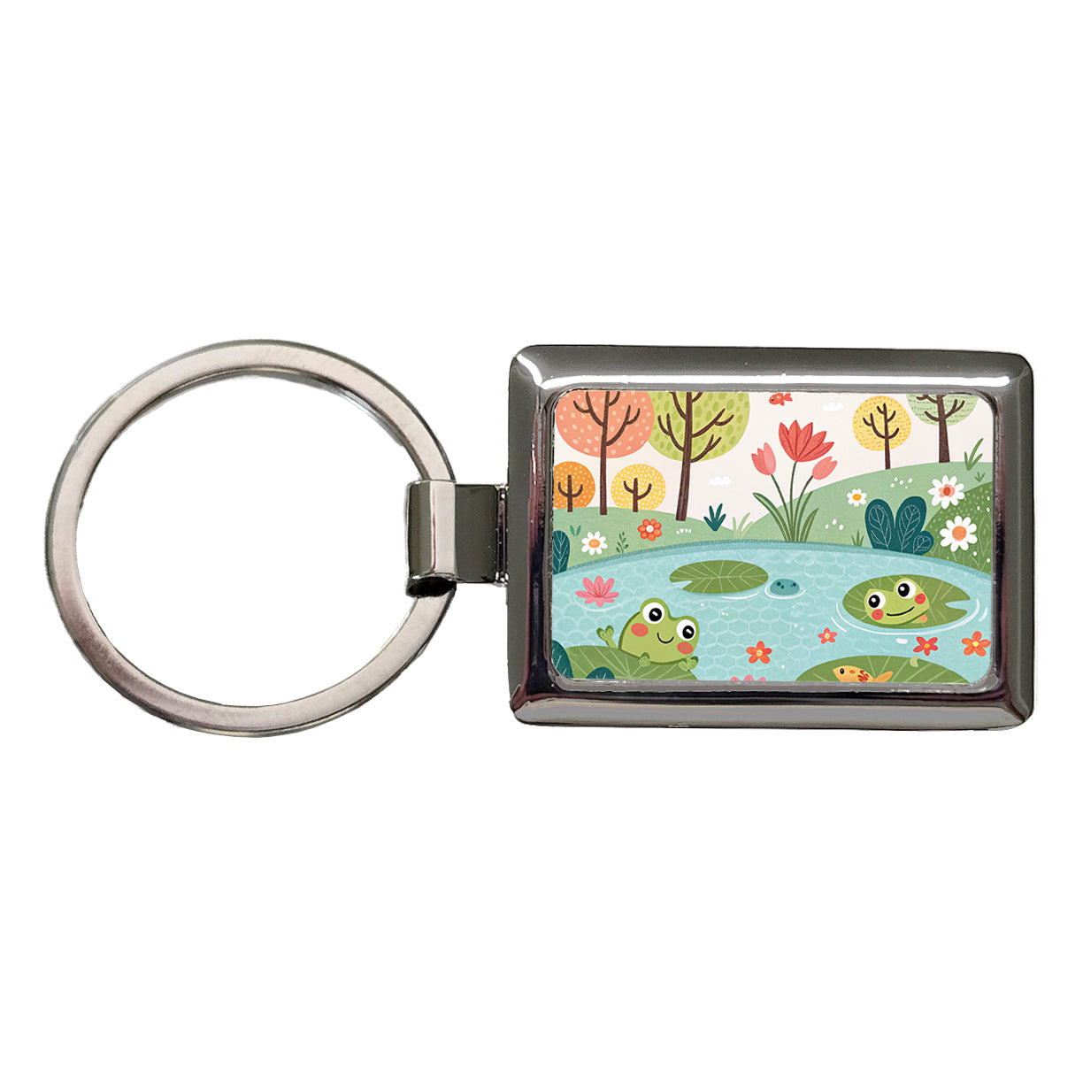 Pond And Frogs Rectangle Metal Keychain