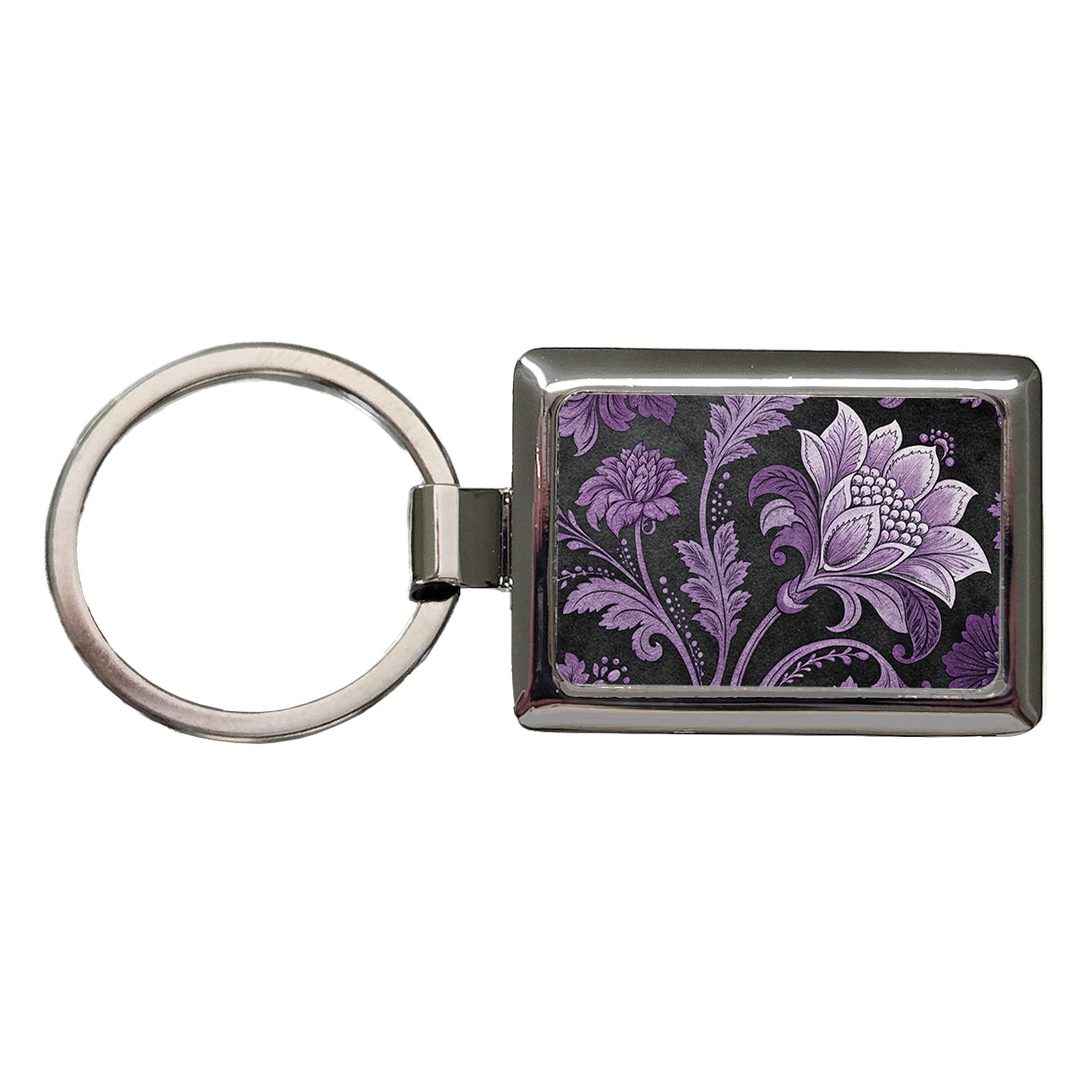 Purple Damask On Black Rectangle Metal Keychain