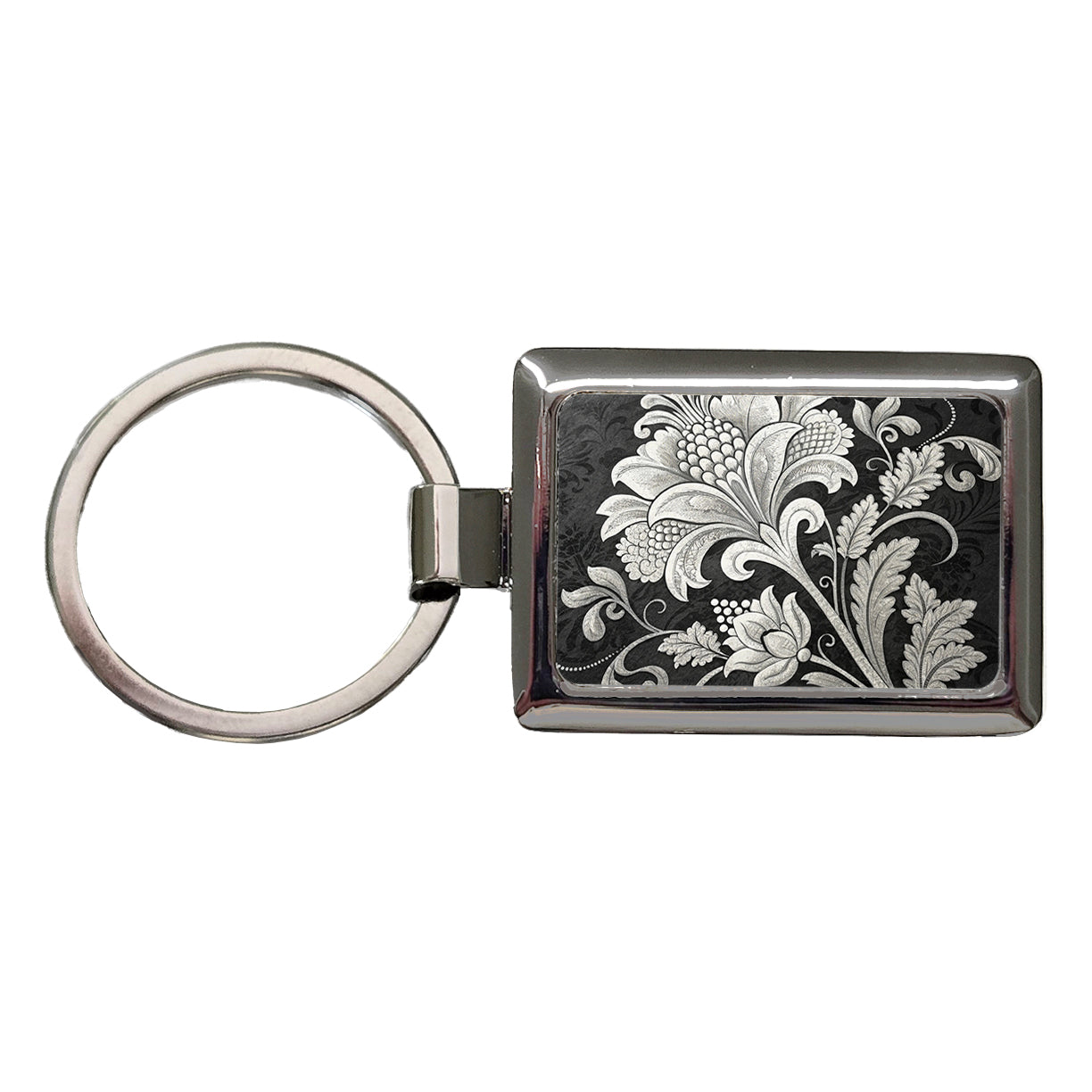 White Damask On Black Rectangle Metal Keychain