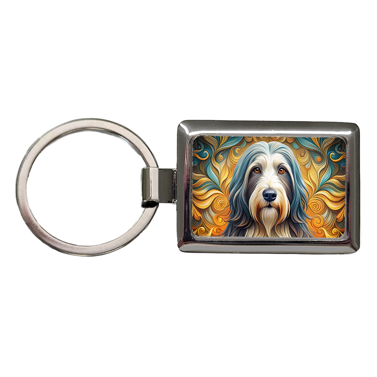 Bearded Collie Dog Art Nouveau Rectangle Metal Keychain