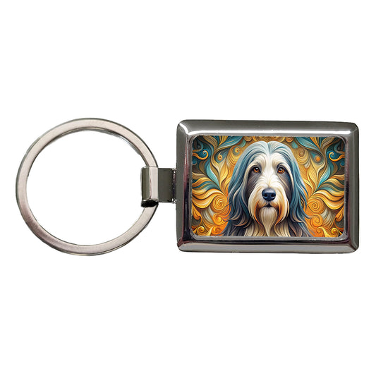 Bearded Collie Dog Art Nouveau Rectangle Metal Keychain