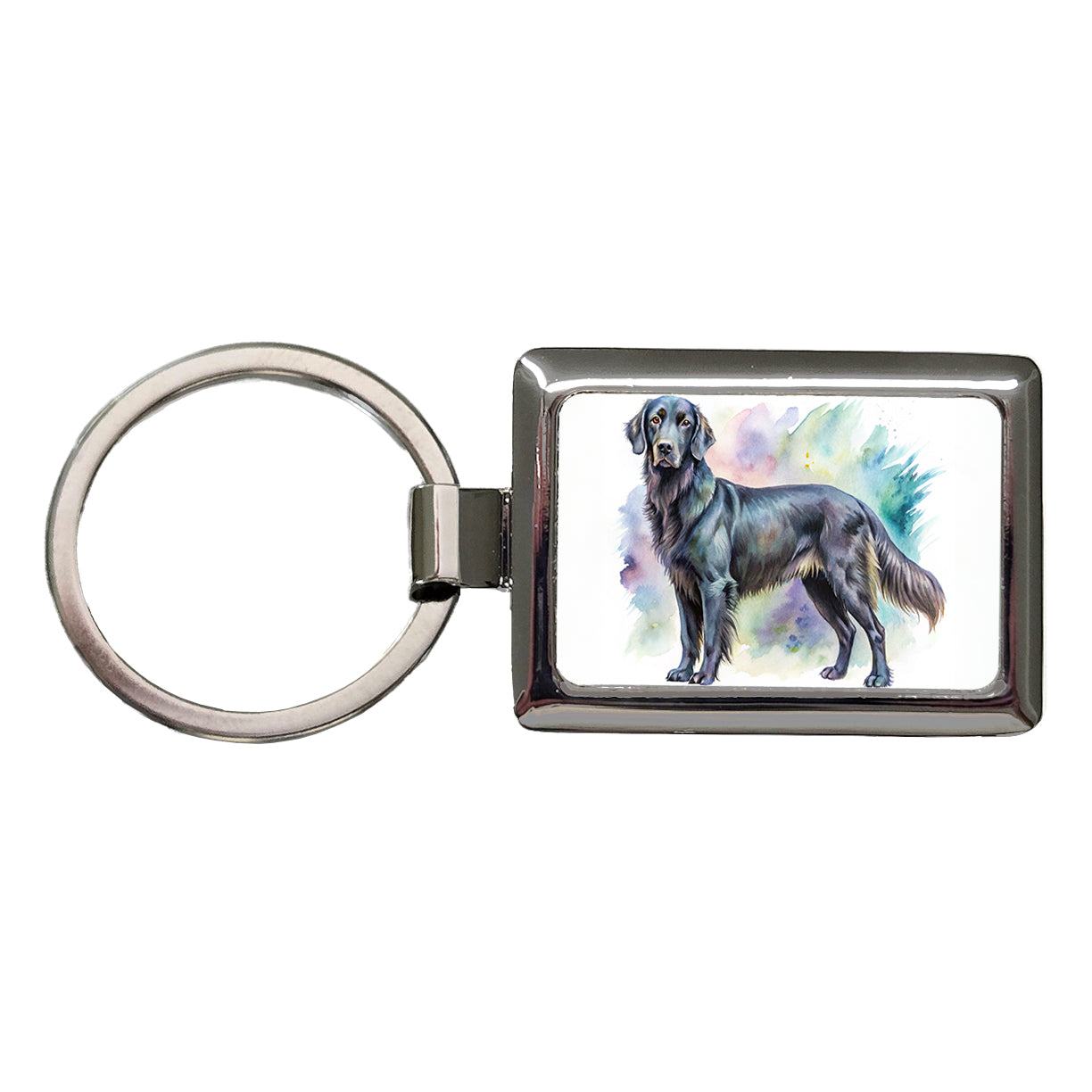 Flat Coated Retriever Dog Watercolor Style Rectangle Metal Keychain