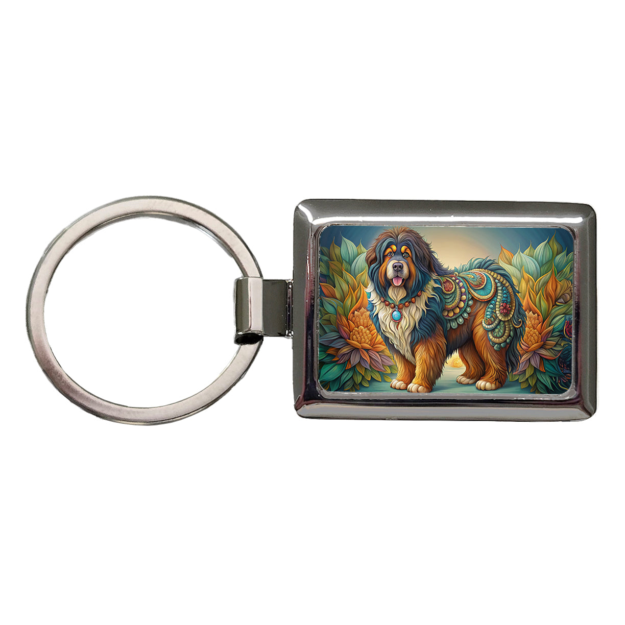 Tibetan Mastiff Dog Art Nouveau Rectangle Metal Keychain