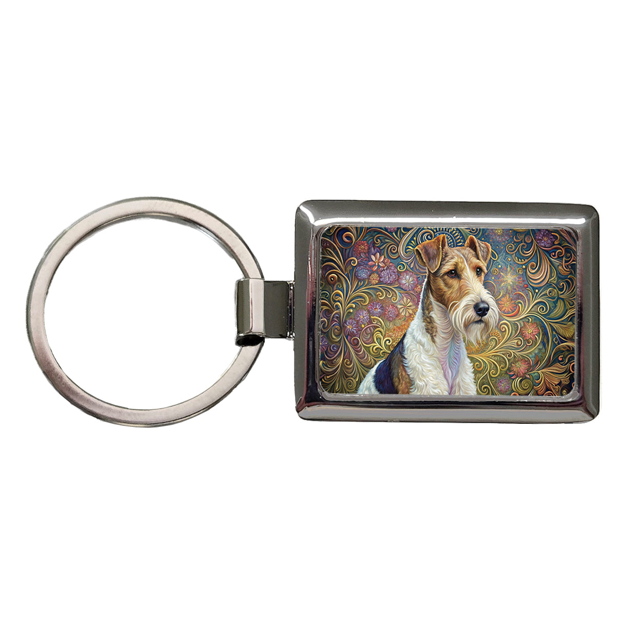 Wire Fox Terrier Dog Art Nouveau Rectangle Metal Keychain