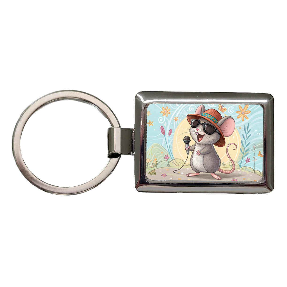 Funny Singing Cool Mouse Rectangle Metal Keychain