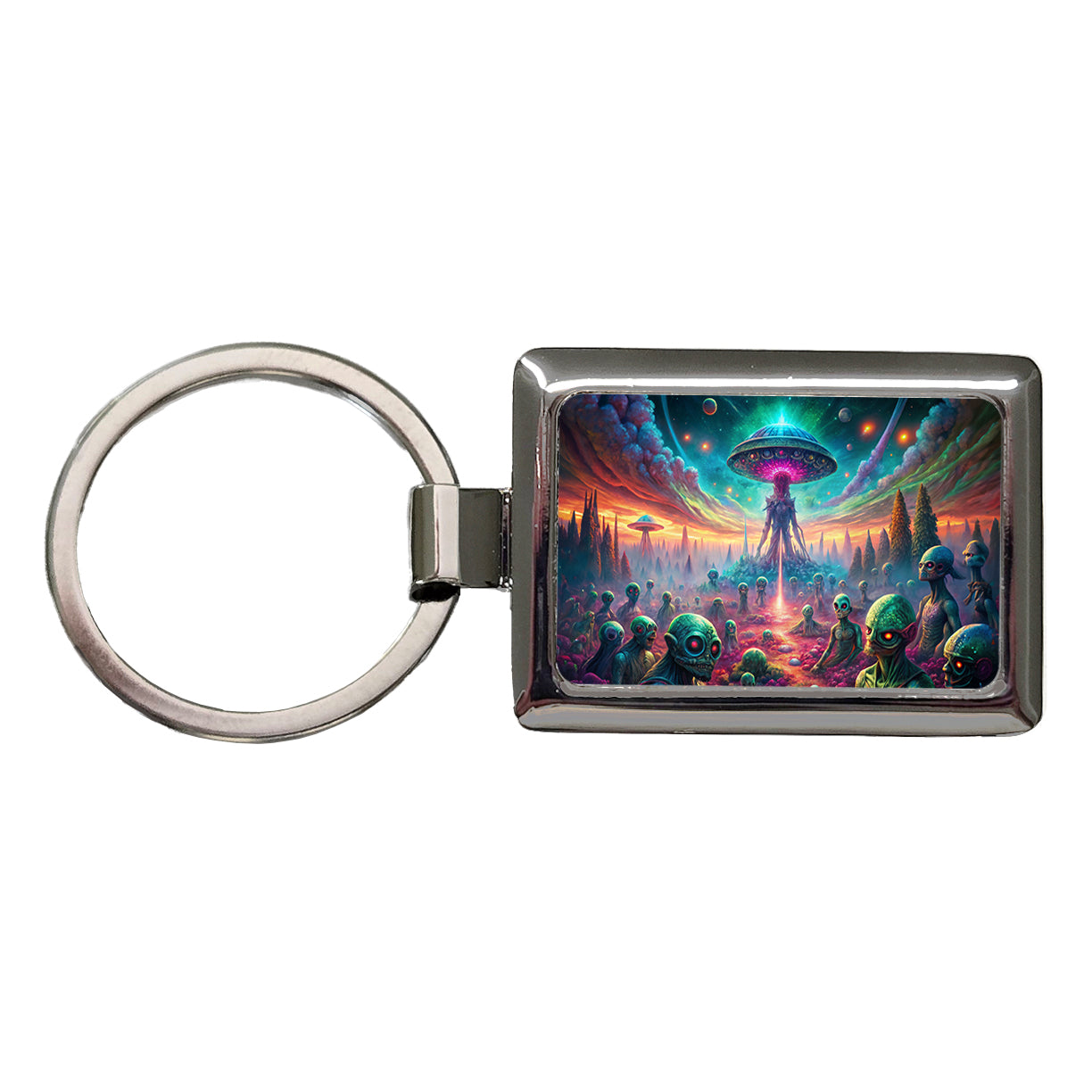 Psychedelic Alien Invasion Vibrant Colors Rectangle Metal Keychain