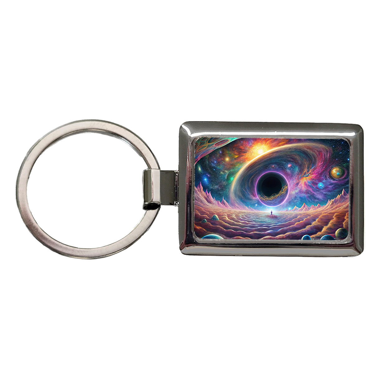 Psychedelic Black Hole Galaxy Space Vibrant Colors Rectangle Metal Keychain