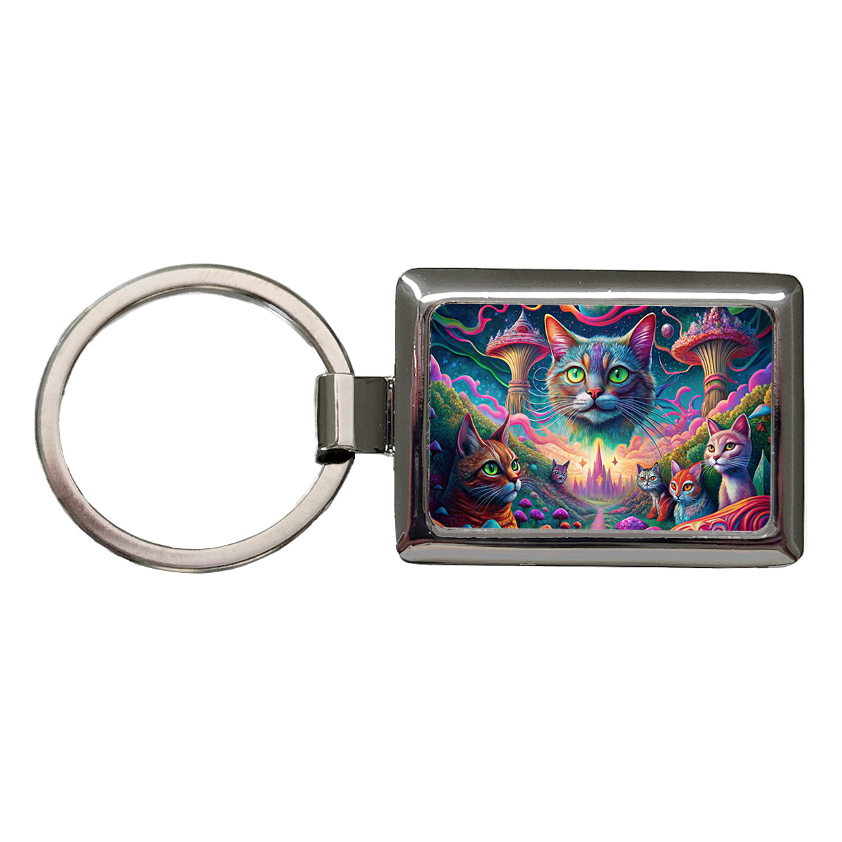 Psychedelic Cats Vibrant Colors Rectangle Metal Keychain