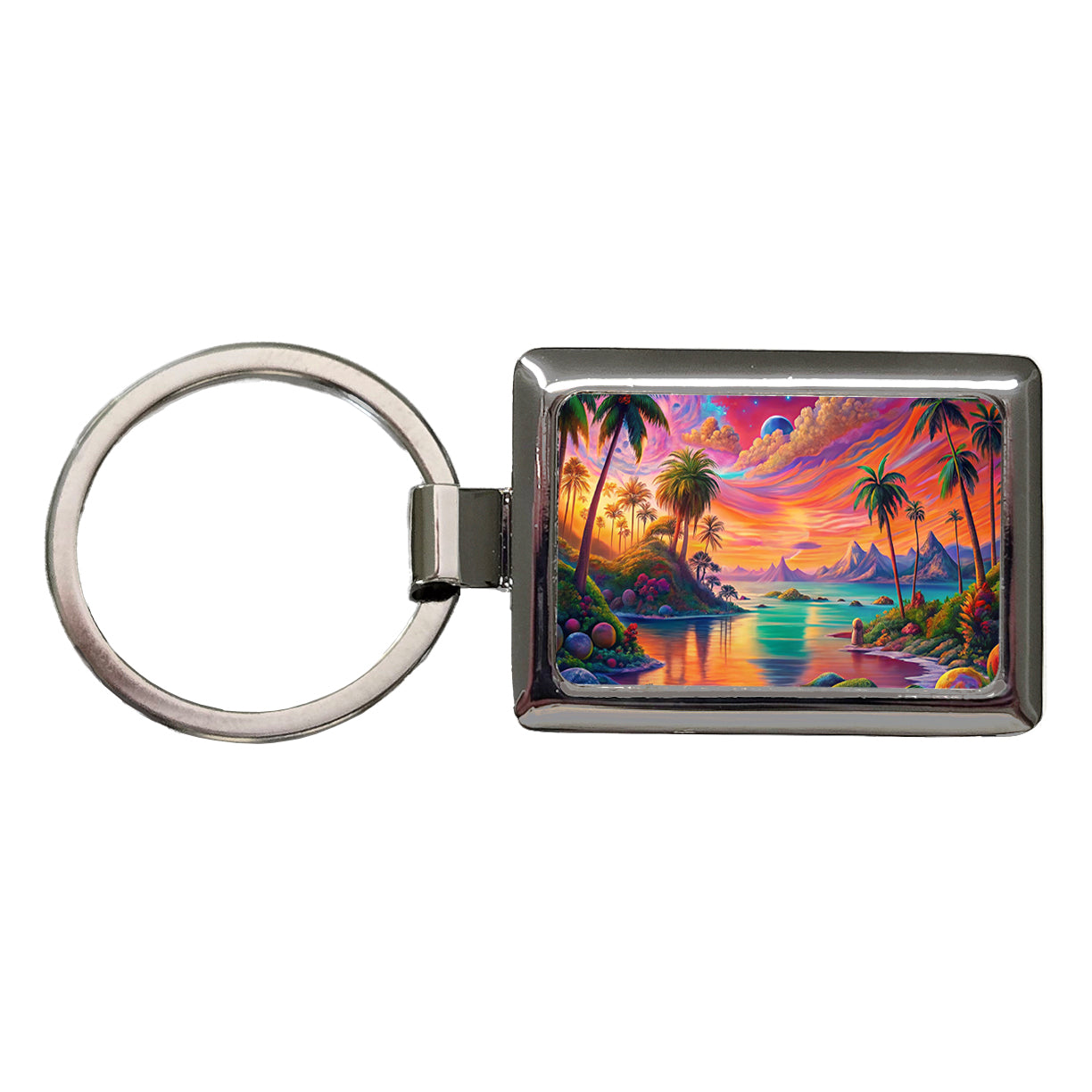 Psychedelic Colorful Tropical Beach Scene Rectangle Metal Keychain