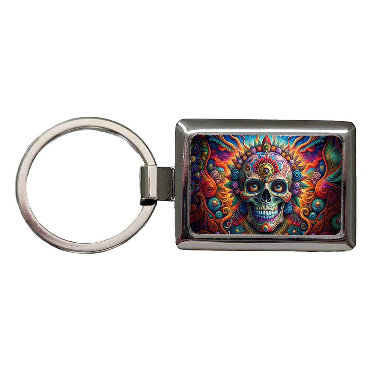 Psychedelic Day of the Dead Skull Vibrant Colors Rectangle Metal Keychain