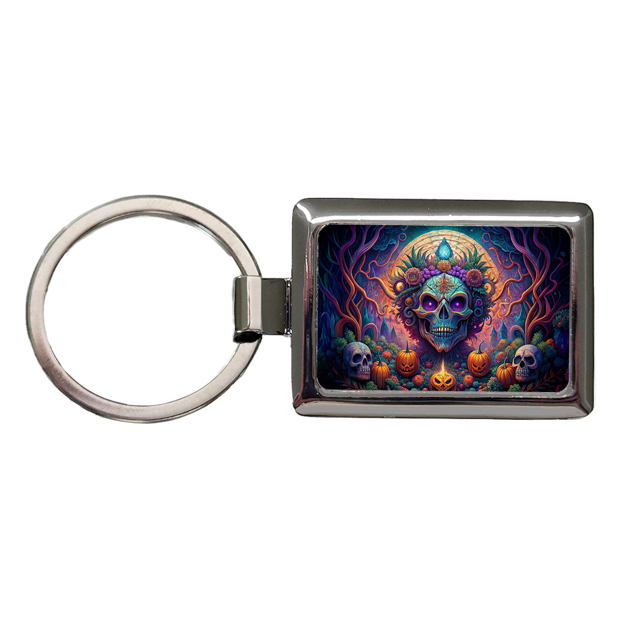 Psychedelic Halloween Skulls Pumpkins Vibrant Colors Rectangle Metal Keychain