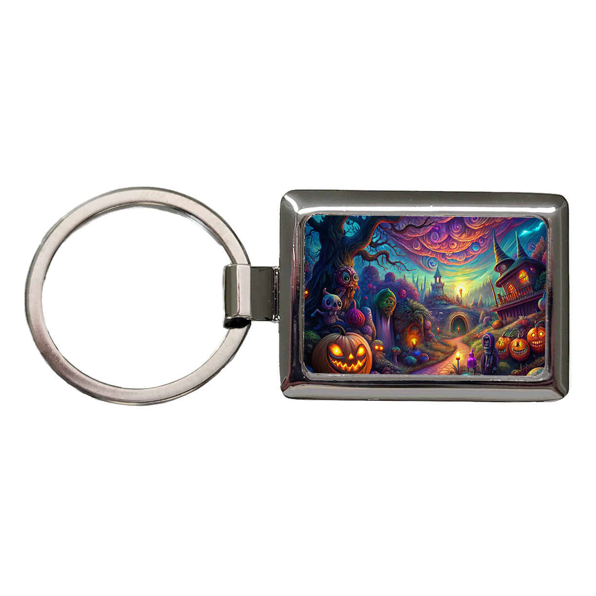 Psychedelic Halloween Town Scene Vibrant Colors Rectangle Metal Keychain