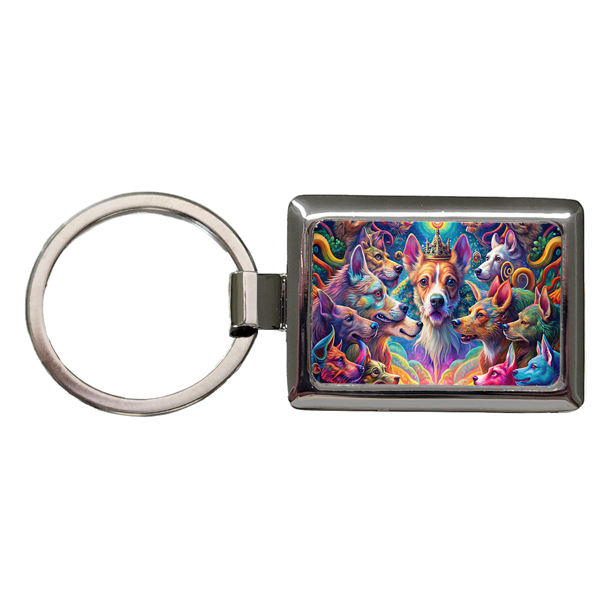 Psychedelic Lots of Dogs Vibrant Colors Rectangle Metal Keychain