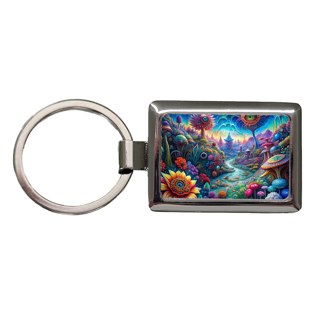 Psychedelic Lots of Flowers Vibrant Colors Rectangle Metal Keychain