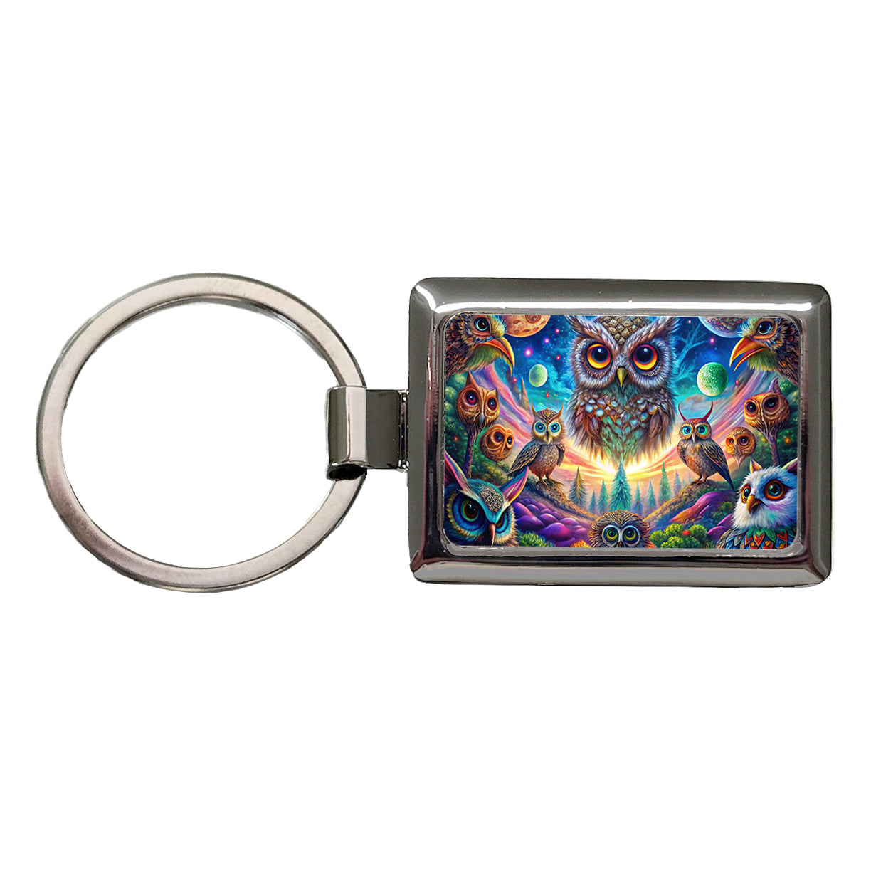 Psychedelic Lots of Owls Vibrant Colors Rectangle Metal Keychain