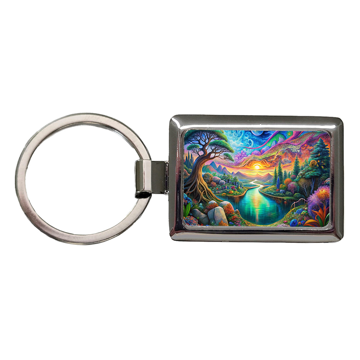Psychedelic Nature Lake Vibrant Colors Rectangle Metal Keychain