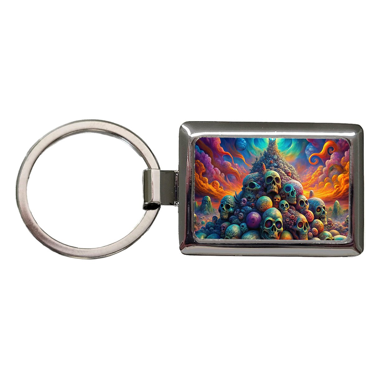 Psychedelic Pile Of Skulls Vibrant Colors Rectangle Metal Keychain