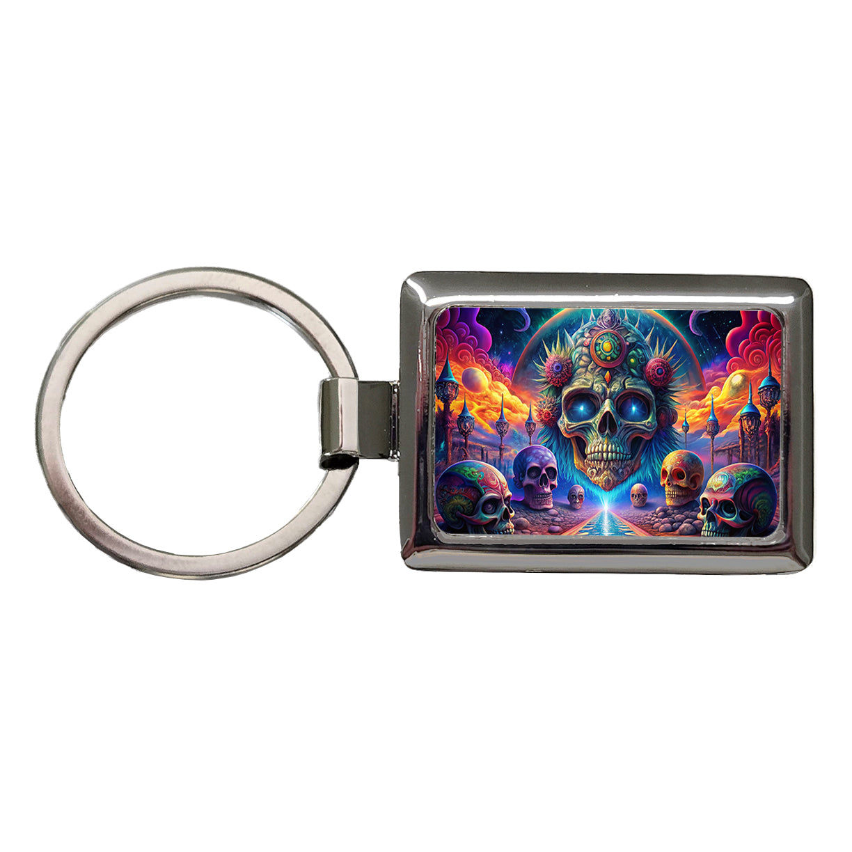 Psychedelic Skulls Design Rectangle Metal Keychain