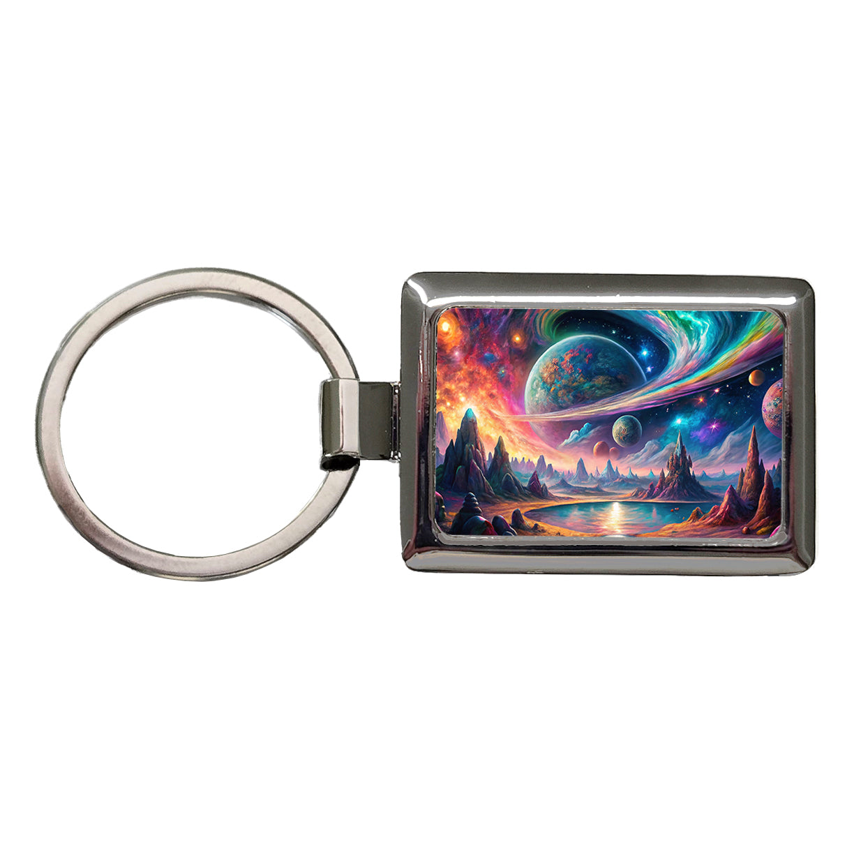 Psychedelic Space Galaxy Planet Vibrant Colors Rectangle Metal Keychain