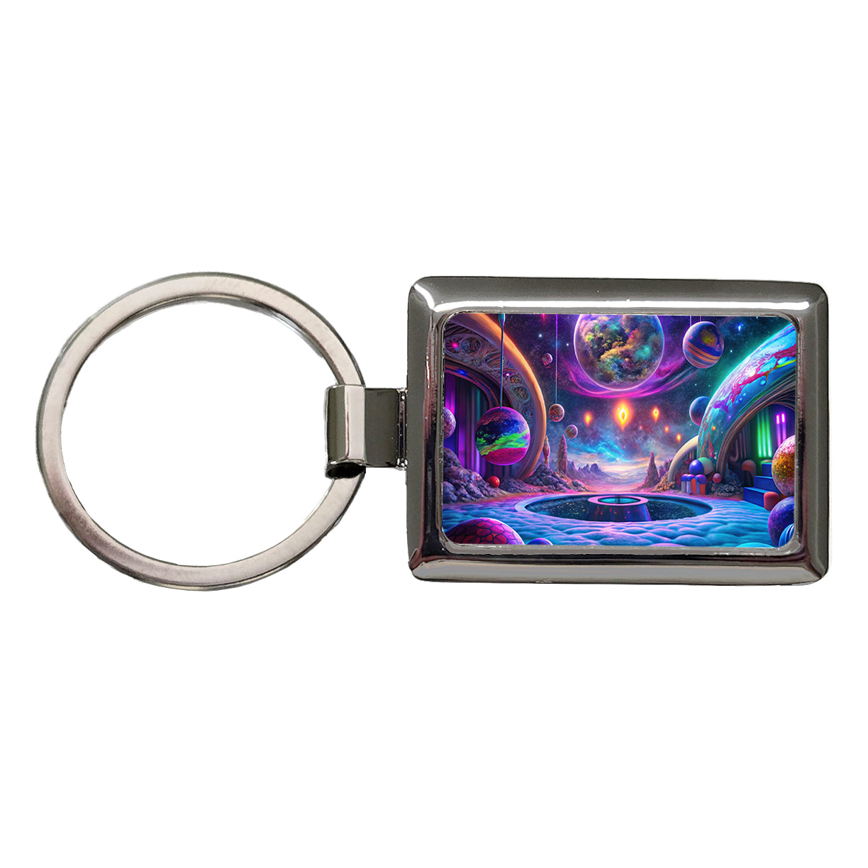 Psychedelic Space Planets Design Rectangle Metal Keychain