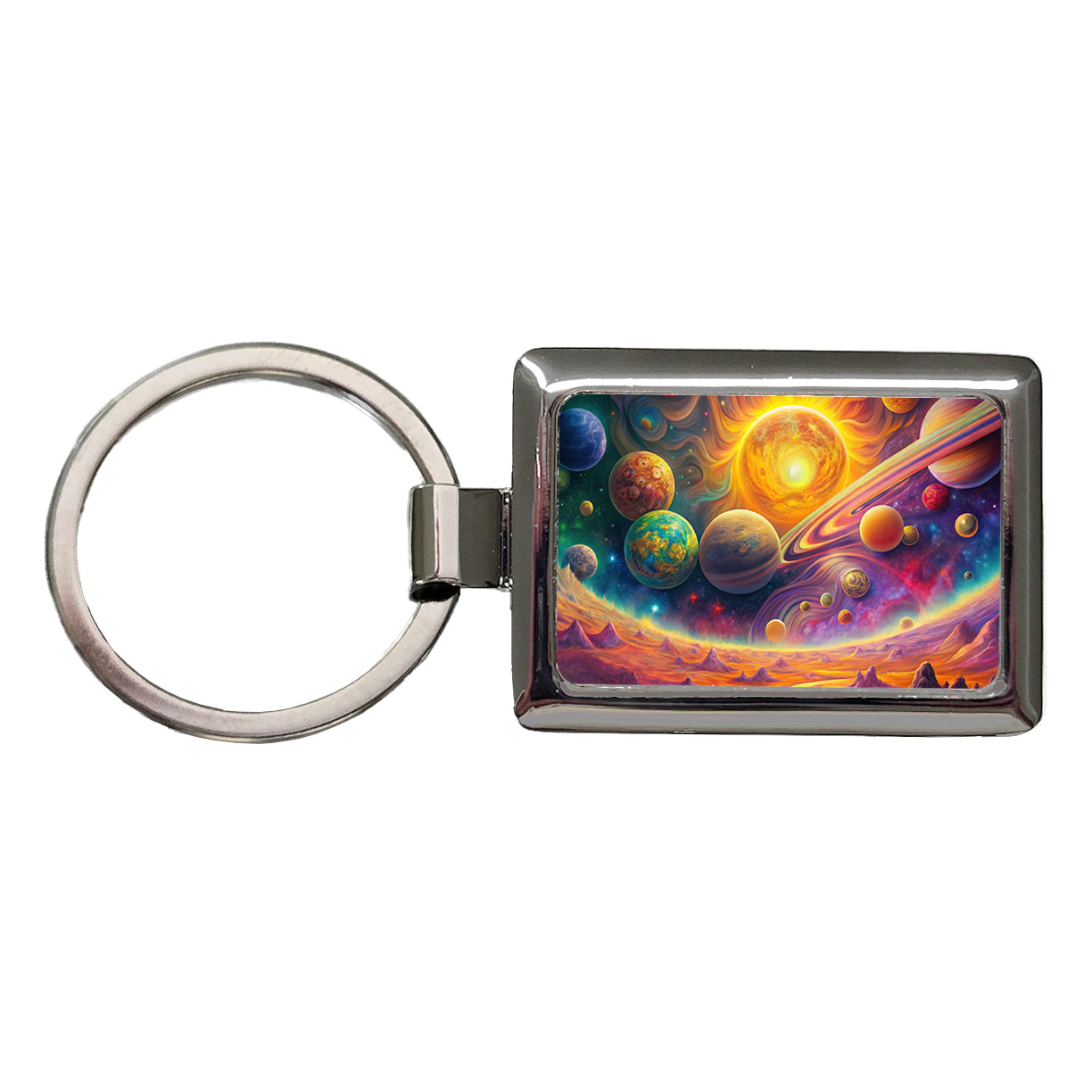 Psychedelic Sun And Planets Solar System Rectangle Metal Keychain