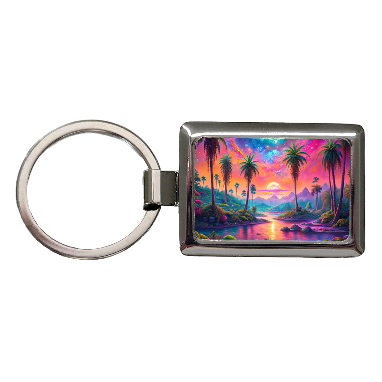 Psychedelic Tropical Palm Trees Colorful Scene Rectangle Metal Keychain