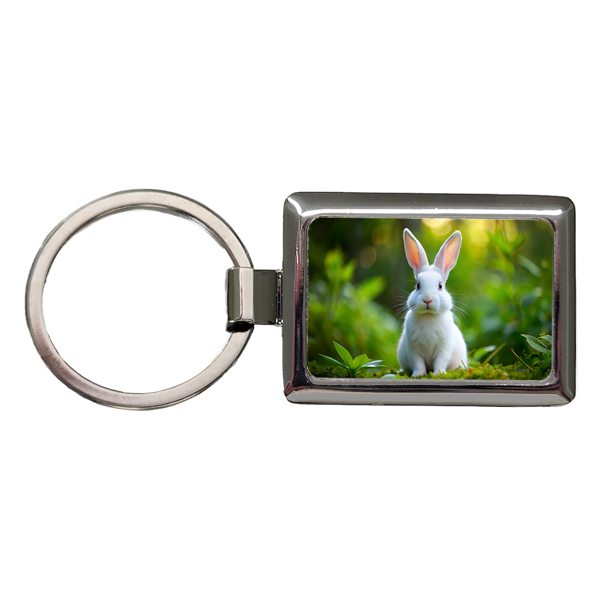 White Bunny Rabbit Rectangle Metal Keychain