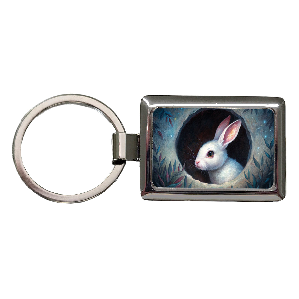 White Rabbit Bunny In A Dark Hole Rectangle Metal Keychain