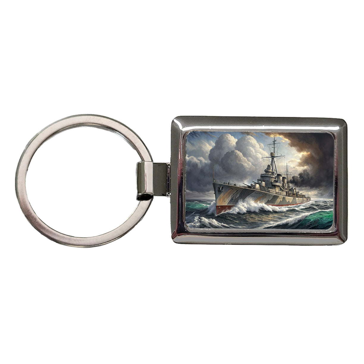 WWII Destroyer at Sea Rectangle Metal Keychain