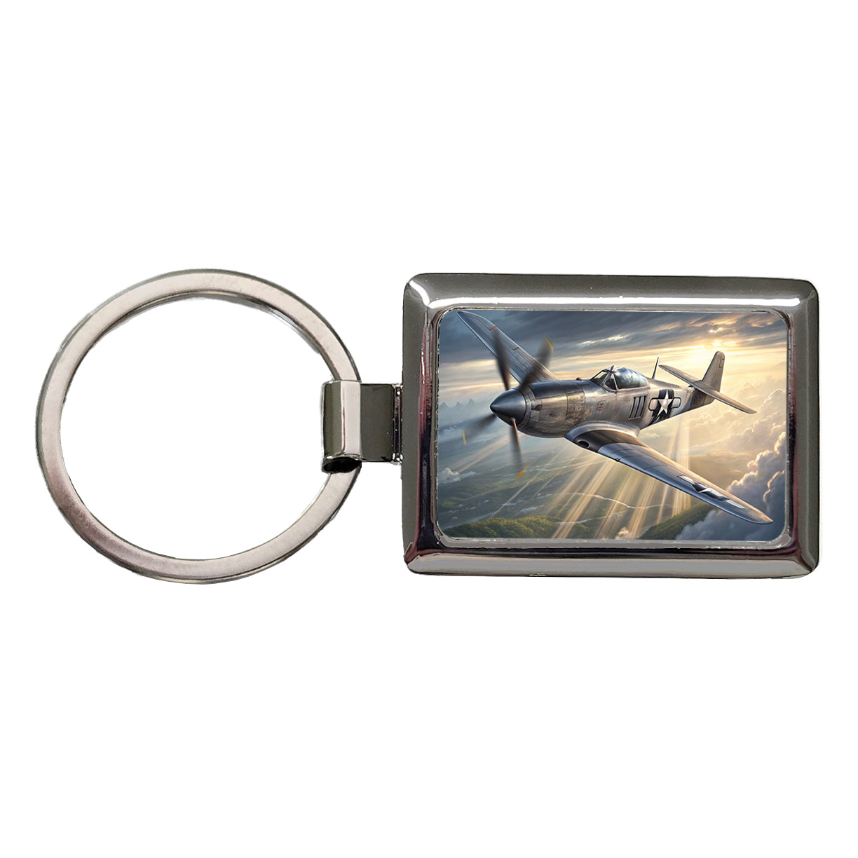WWII Mustang US Air Force Fighter Plane In Flight Rectangle Metal Keychain