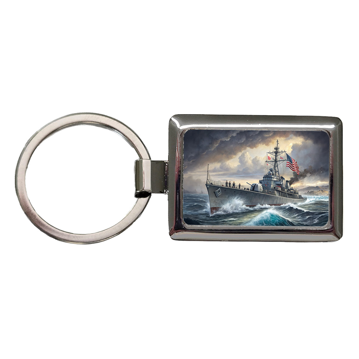 WWII US Navy Destroyer at Sea Rectangle Metal Keychain