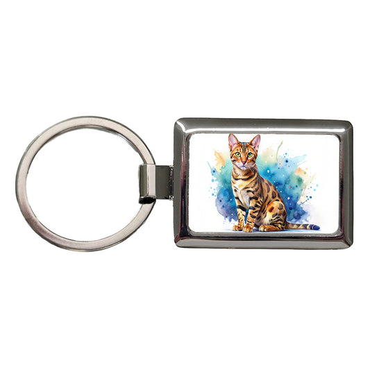 Bengal Cat Watercolor Style Rectangle Metal Keychain
