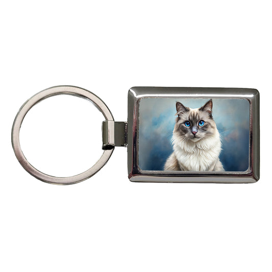 Birman Cat Illustration Rectangle Metal Keychain