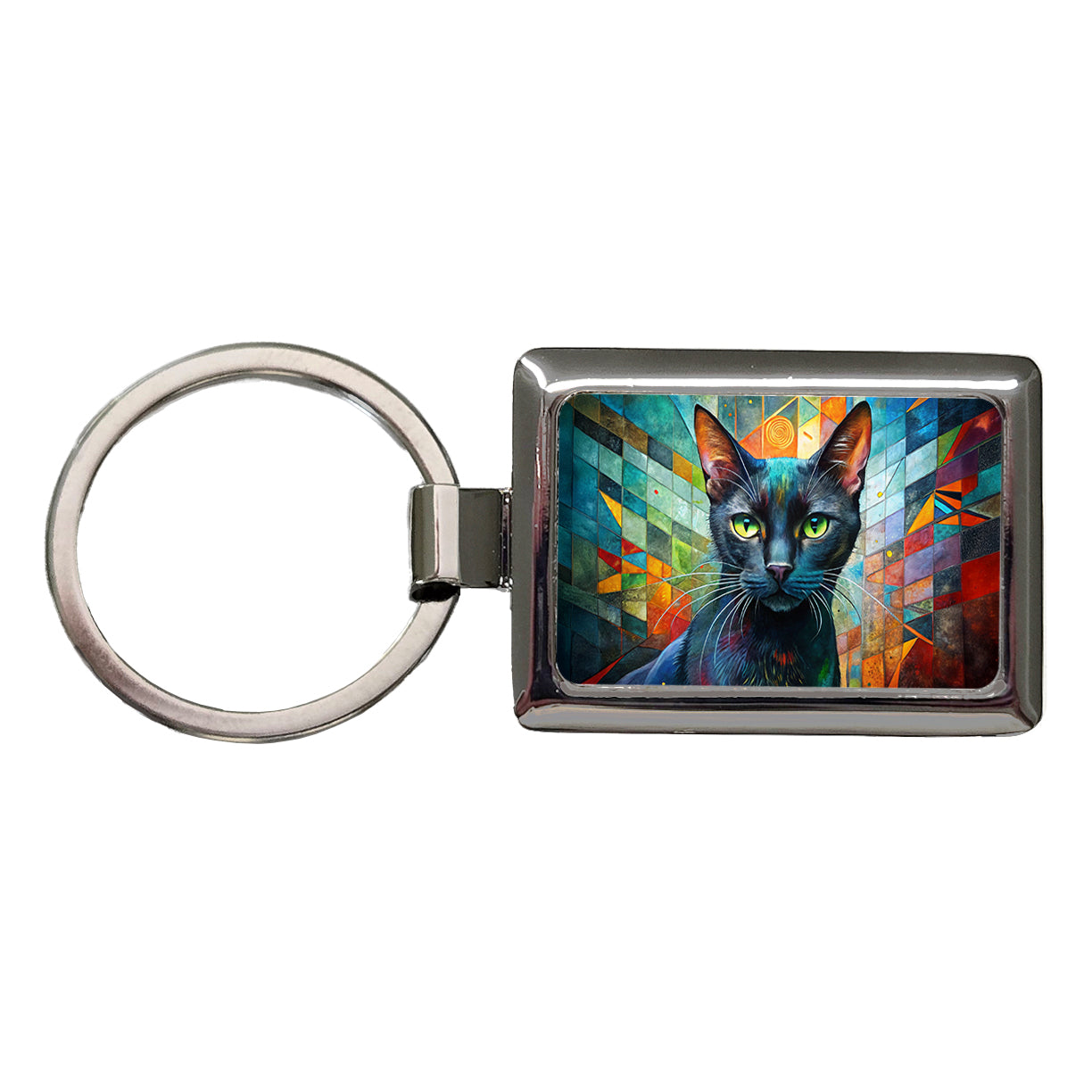 Bombay Black Cat Abstract Art Rectangle Metal Keychain
