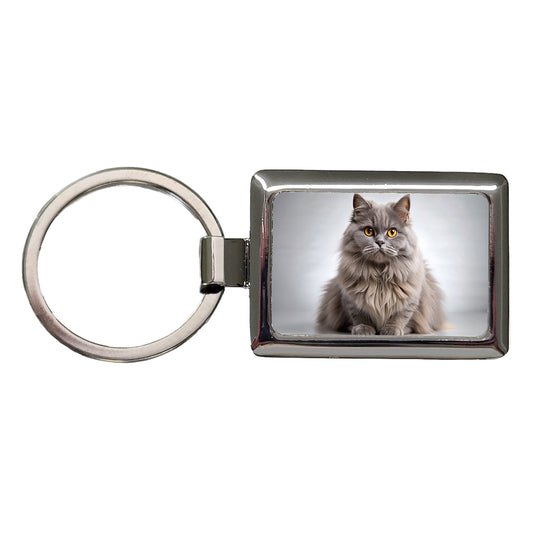 British Longhair Gray Cat Photo Rectangle Metal Keychain