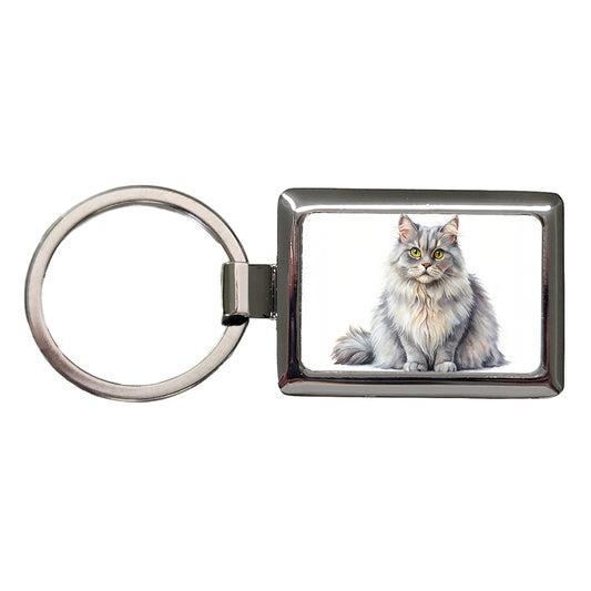 British Longhair Gray Cat Watercolor Style Rectangle Metal Keychain