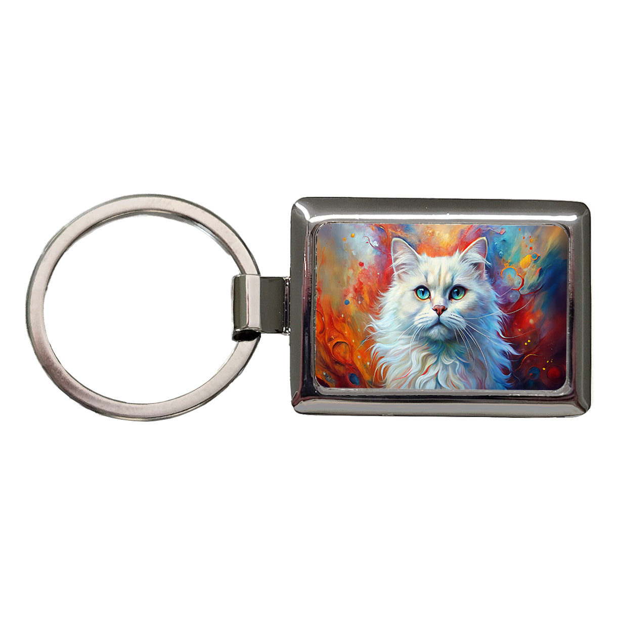 British Longhair White Cat Abstract Art Rectangle Metal Keychain