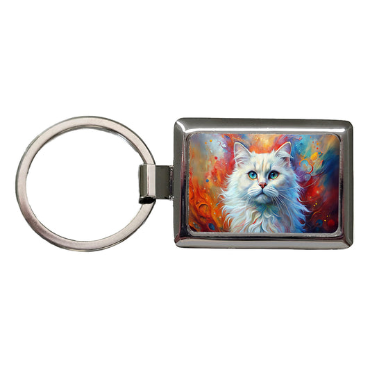 British Longhair White Cat Abstract Art Rectangle Metal Keychain